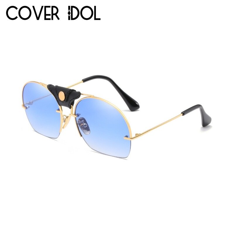 Klassieke Zonnebril Voor Mannen en Vrouwen Semi Randloze Smart Zonnebril Unisex Zonnebril Oculos de Sol UV400: Gold w Blue