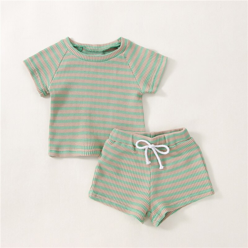 Zomer Pasgeboren Baby Kleding Klassieke Streep Korte Mouw T-shirt + Shorts Outfits Kid Jongen Meisje Katoen Tops Baby Kleding Set 0-2Y: 3 / 3-6M 60