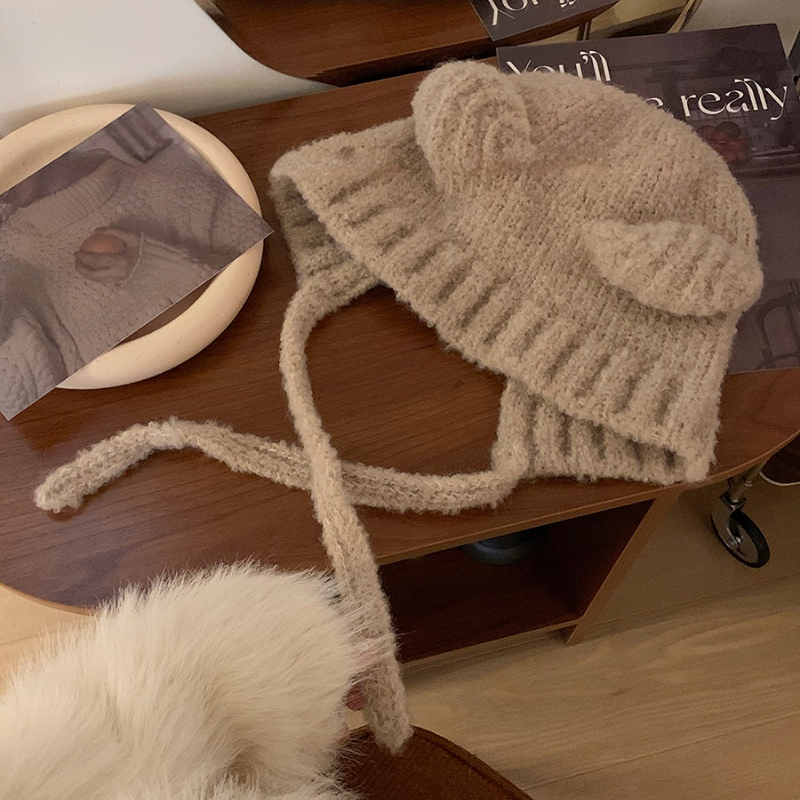 Japanse Kawaii Vrouwen Hoeden Schattige Beer Oren Pluche Mutsen Herfst En Winter Warm Gehoorbescherming Gebreide Touw Bommenwerper Hoed