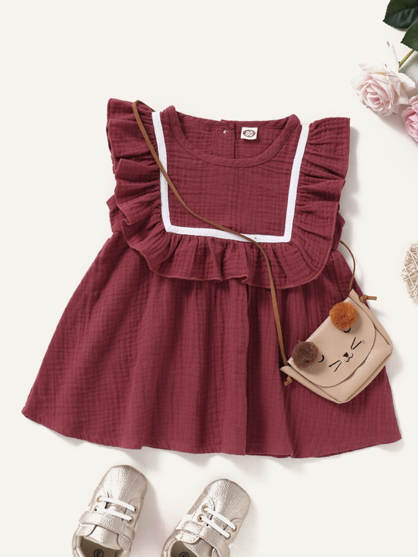 Ropa de verano para niña, traje sin mangas con volantes, liso, rojo vino, chaleco, , 18 meses