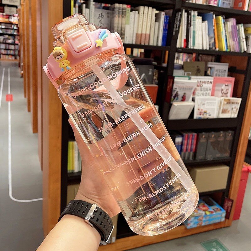 2L Large Capacity Water Bottle Straw Cup High Temperature Resistant Plastic Water Time Scale Frosted Outdoor Sports Couple Cup