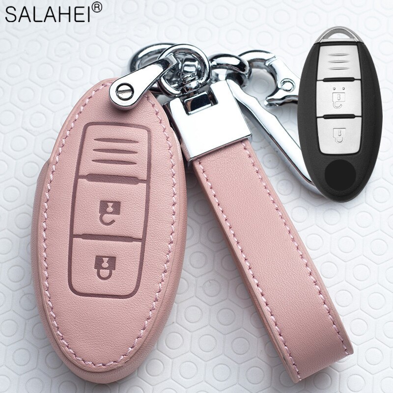 Leather Car Key Cover Case For Nissan Qashqai J10J11 X-Trail t31t32 kicks Tiida Pathfinder Murano Note Juke Infiniti For Car: A-pink