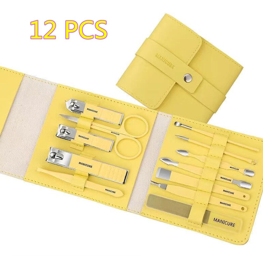 12-16pcs/set Nail Cutter Set Stainless Steel Nail Clippers Set With Folding Bag Manicure Cutter Kits Scissors Makeup Beauty Tool: 12pcs yellow