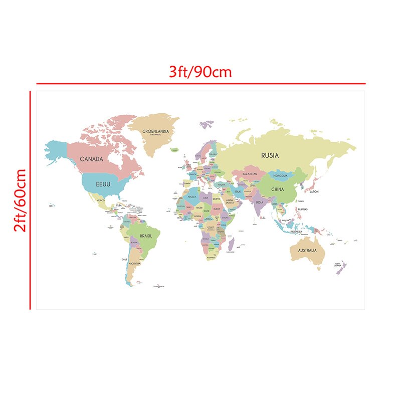 90x60cm Spanish Map of The World Canvas Painting Political Distribution Map In Spanish Poster for Home Office Decoration