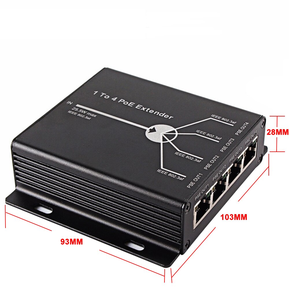 Poe extender 1- portti 10/100m ieee 802.3at ( virta sisään ) to 4- porttia ieee 802.3af ( virtalähtö) poe ip -kamerajärjestelmälle