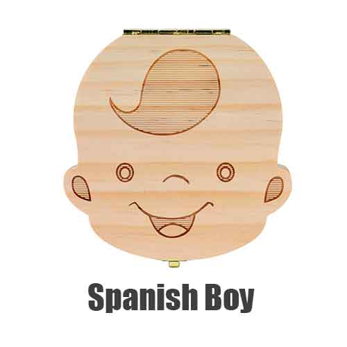 Nederlands/Engels/Griekenland/Portugal Spaans Tand Houten Box Organizer Melk Tanden Hout Opslag Verzamelen Tanden Navelstreng doos: spanish boy