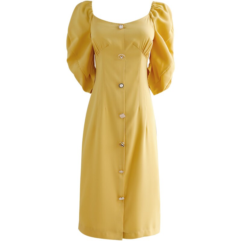 Dabuwawa Exclusive Vintage Yellow Dress Women Square Neck Puff Sleeve Single Breasted Split Hem Sexy Dress Ladies DO1BDR102: L