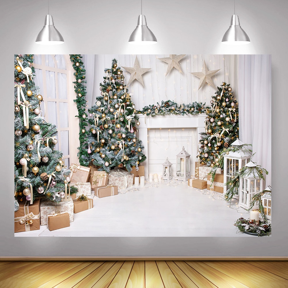 Noël photographie toile de fond arbre de noël blanc cheminée fond hiver salon lumière cloches étoile Photo Shoot