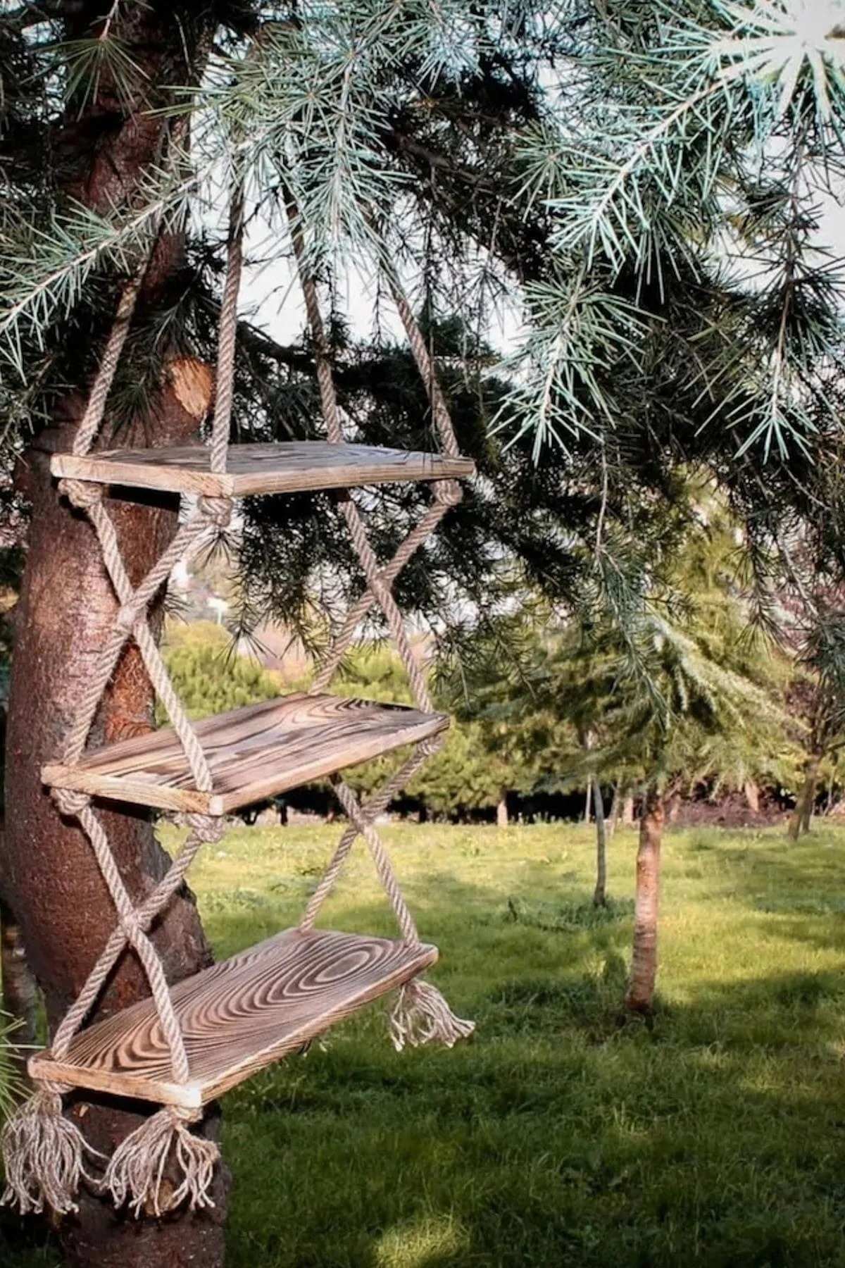 Natural Hand Made Wooden Functional Decorative Special Process 3 Roped In Home Garden Shelf Bookcase Rack 100 & Pine Wood.