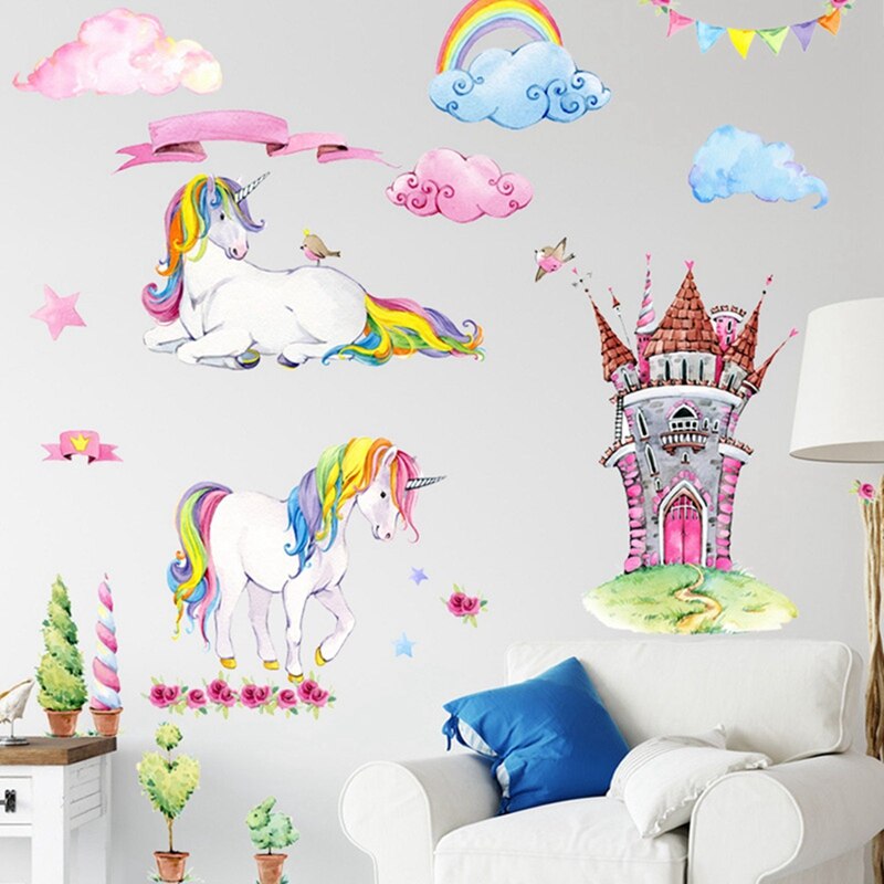Cartoon Rainbow Unicorn Wall Stickers For Kids Room Girls Bedroom Window Nursery Decor Kindergarten Scene Layout Stickers