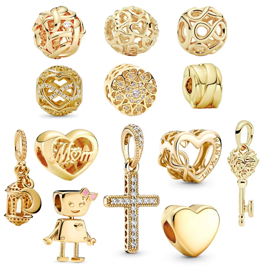 Abalorio colgante de corazón infinito y cruz brillante chapada en oro , compatible con pulsera de plata de ley 925 Original, joyería DIY
