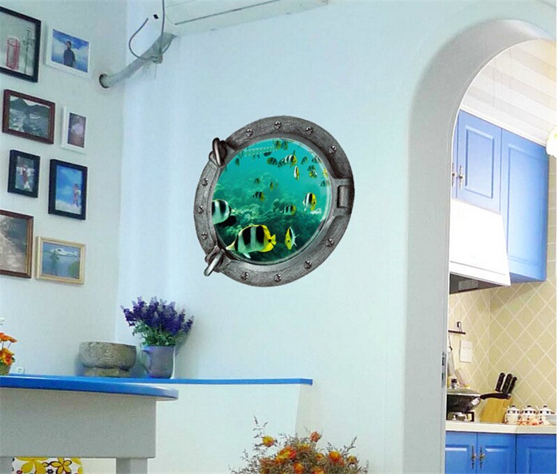 fantastic 3d submarine portholes wall sticker for kids rooms coral fish boat scuttles decals mural art nursery home decor