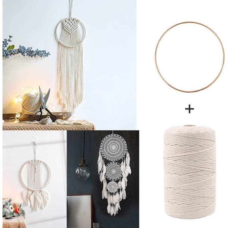 Macrame Rope Kit With Natural Cotton Macrame Cord,Metal Floral Hoops,Wooden Beads,Macrame Wall Hanging Kit For Beginners