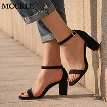 Mcckle chunky heel dam ankelrem gladiator sandaler dam sommarskor kvinnliga sandilas täcka häl flock festskor