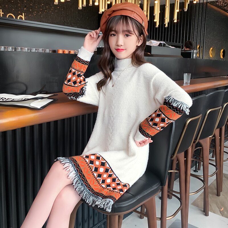 Meisjes Kwastje Truien Toevallige Kinderen Prinses Lange Trui Jurk Winter Tiener Gebreide Truien Trui Kostuum 9 12 13Y