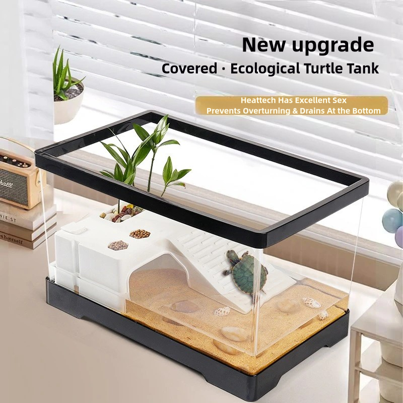 Transparency Turtle Tank With Breed Feed Area Cage Reptile Habitat Turtle Tank Bottom Drainage Enclosure Starter Indoor Decor