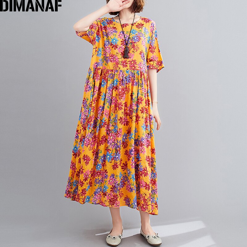DIMANAF Summer Plus Size Women Dress Print Floral Female Vestidos Sundress Beach Style Loose Pleated Lady Long Dress 5XL