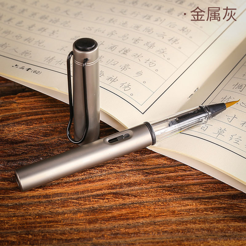 1pc Gray Metal Calligraphy Pen Soft Hair Writing Brush Watercolor Fountain Pen Painting Drawing Office School Supply Stationery