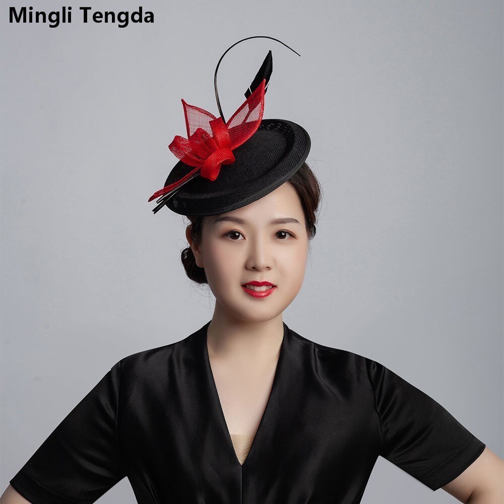 Mingli Tengda 6 colores Filipinas Cambric sombrero de Bodas de lino de la pluma nupcial tocado mujeres sombreros Azul Real