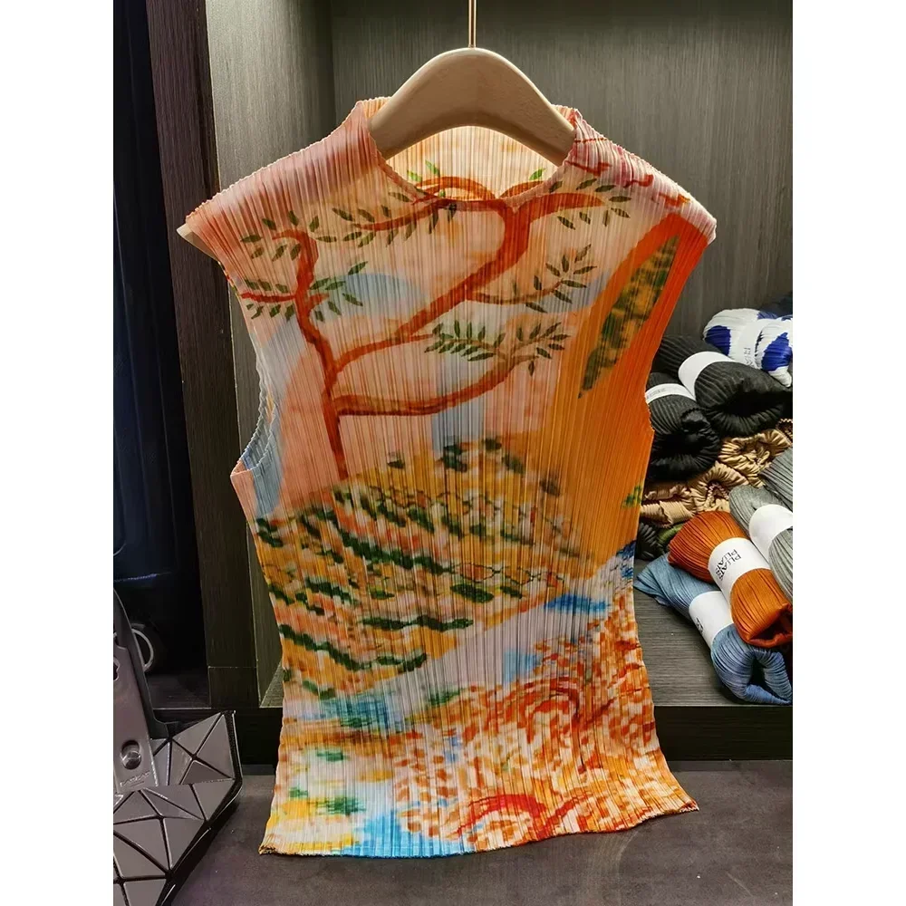 Camiseta plisada de Original para mujer, Tops con estampado de flores plisadas, informal, ropa Retro holgada fina para mujer 2025