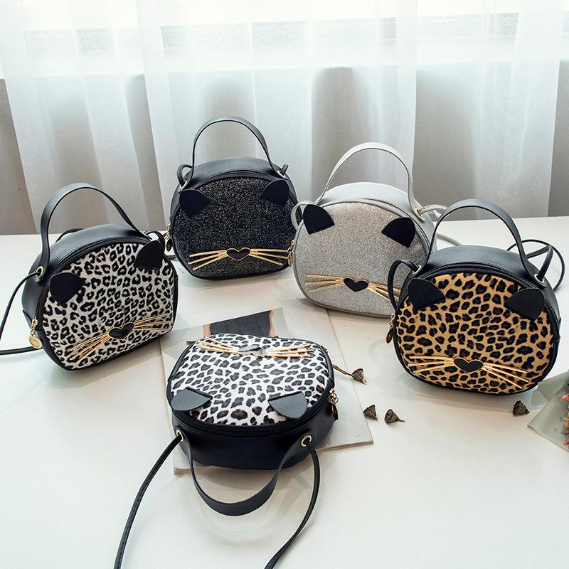 Mini rund crossbody taske sød kat leopard med pu læder piges messanger pung bosla kvinder runde skuldertasker