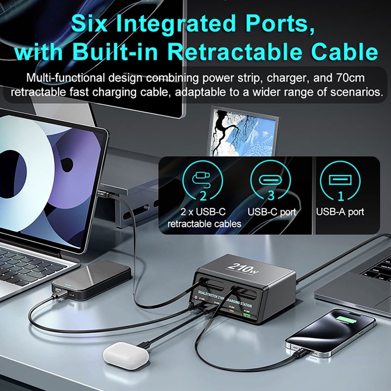 210W 6-in-1 Ladestation mit Einziehbarem USB-C-Kabel Power Combo Tower für Mehrere Geräte Schnellladegerät für iPhone, Airpod