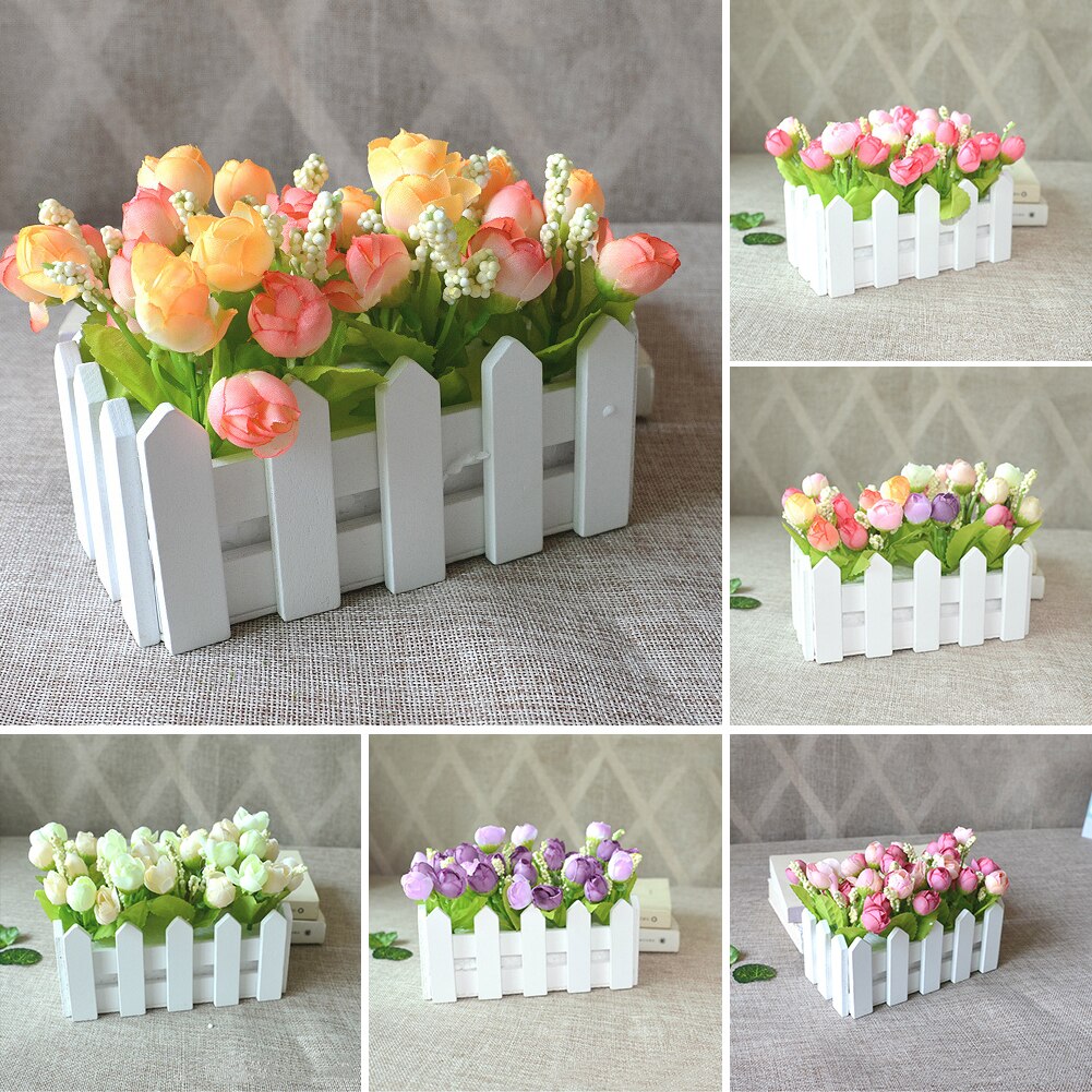 1 Set Wooden Fence Vase + Flower Rose And Daisys Silk Artificial Flowers Home Decoration Garden Decor Birthday