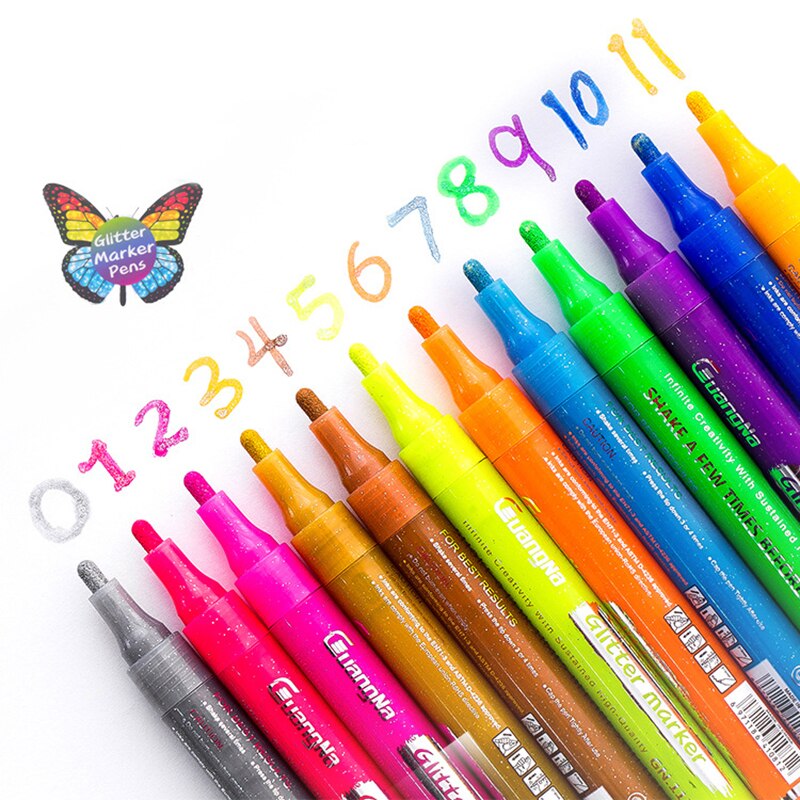 12 Kleuren Glitter Marker Highlighter Pennen Set Creatieve Diy Journal Graffiti Tekening Handvat Fluorescerende Pennen Kantoorbenodigdheden