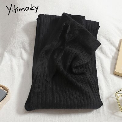 Yitimoky Knitted Wide Leg Pants for Women Streetwear Clothes Joggers Baggies Drawstring Sweatpants Work Bottoms Pants Ulzzang: black