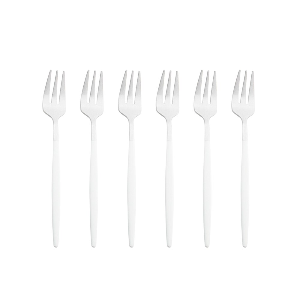 Ensemble de fourchettes à fruits en acier inoxydable, petite fourchette à Dessert en or blanc, ensemble de fourchettes à thé pour gâteau, fourchette à salade, service de couverts 6 pièces: White Silver
