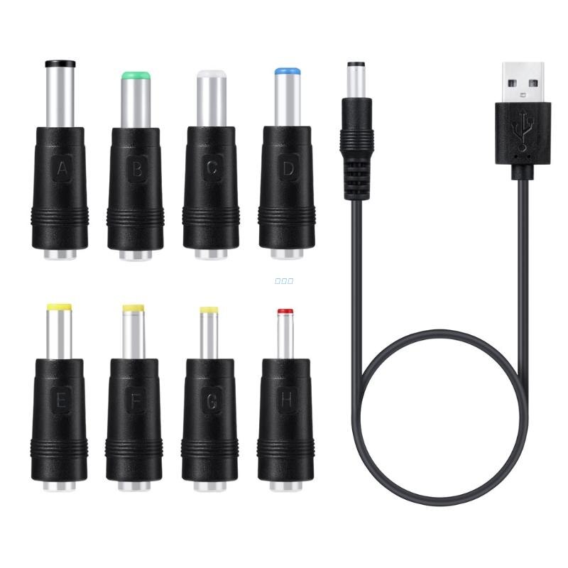 8- in- 1- ladekabel mit 5v usb-anschlüssen auf  dc 5.5 x 2.1mm stecker 5.5 4.8mm x 4.0mm 3.5mm 6.4mm 2.5mm für ventilator, lautsprecher, router und led-lampen.