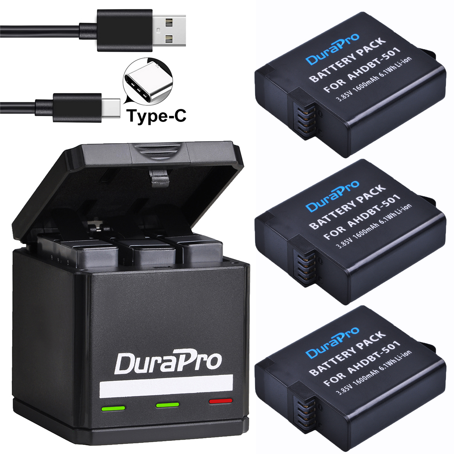 För gopro hero 7 hero 6 hero 5 svart batteri + usb 3- portar laddare med typ c port för gopro hero 7 6 hero 5 actionkameror: 3 batteripaket