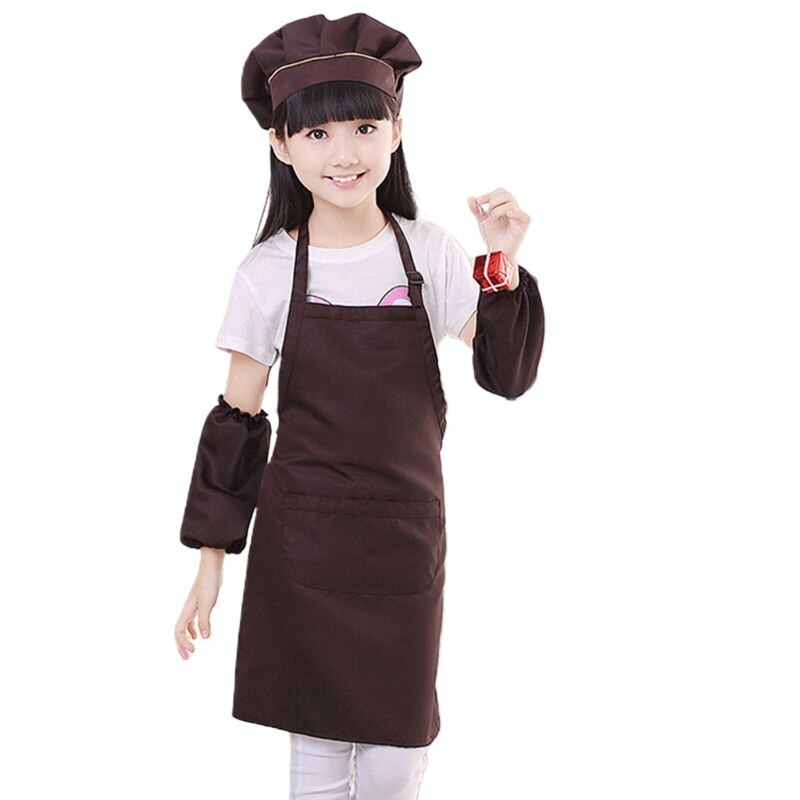 3Pcs/Set Kids Chef Hat Apron Sleeve Covers Set Boys Girls Adjustable Kitchen Bib with 2 Large Pockets for Cooking Baking Wear: CF / M
