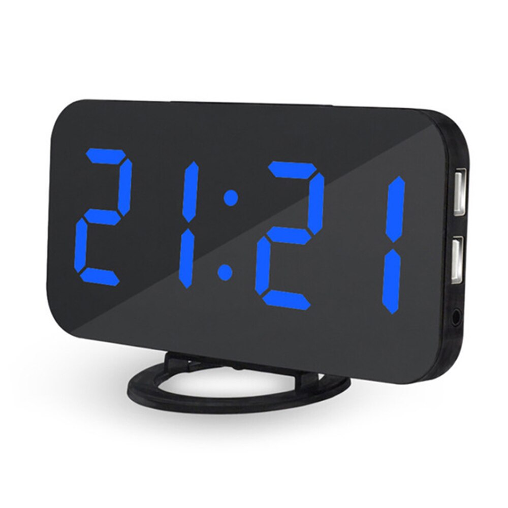 Med dimmer snooze nattljus digital elektronisk spegel 6.5 "plast skärm väckarklocka 5 v 2a lat snooze väckarklocka: Blå