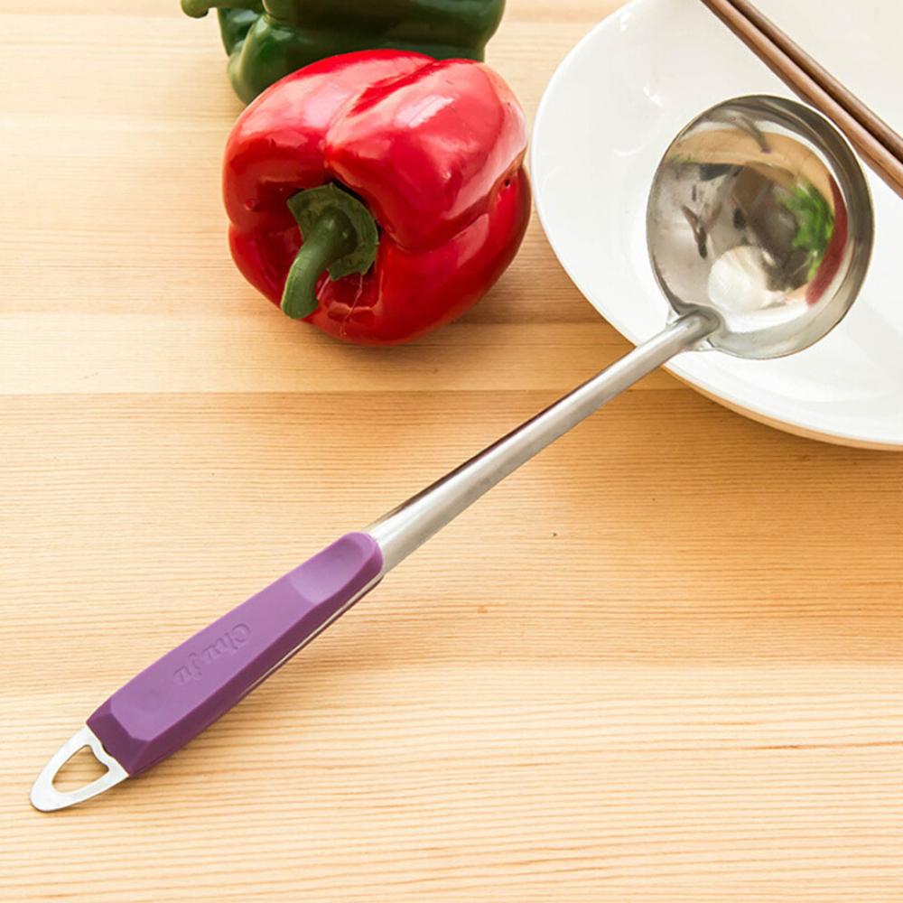Escurridor de acero inoxidable, colador, cuchara de sopa, cucharón de sopa, utensilios de cocina, mango, colgante de pared, Color caramelo, herramientas de cocina, accesorios: purple Soup spoon