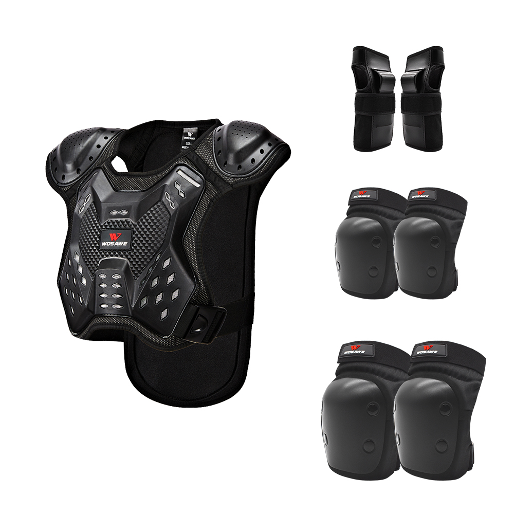 Équipement Protection Moto Enfant - Gilet Dos/Poitrine + Coudières/Genouillères - Noir