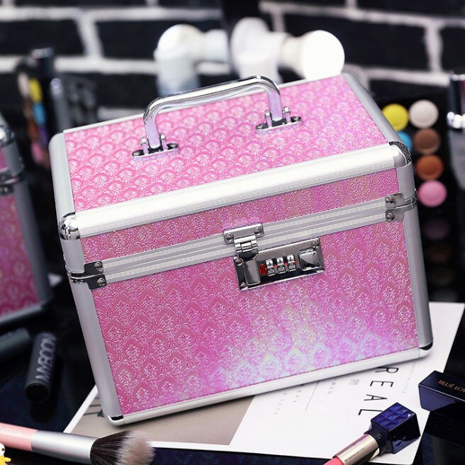 Aluminiumslegering værktøjskasse kuffert kosmetisk etui, smykker makeup opbevaringsboks bryllupsdag fødselsdag rejse bagage taske: Lyserød