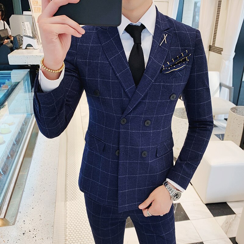 Costume à carreaux pour hommes, veste à carreaux, Boutique, décontracté Business, Double boutonnage, manteau, robe de mariée, costume Slim pour hommes
