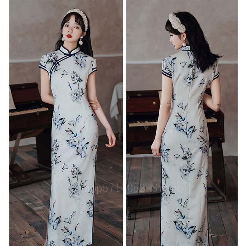 Vestido Qipao Oriental para mujer, ropa tradicional china, Estilo Delgado, Cheongsams abiertos para mujer, Vestido de seda con estampado Floral para mujer