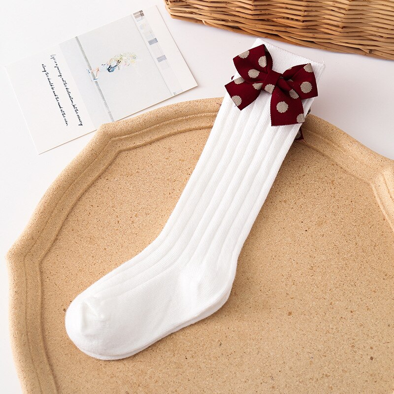 Lente Herfst Baby Sokken Warm Dot Bows Kids Meisje Kniehoge Sokken Effen Kleur Zachte Baby Peuter Lange Sokken: coffee / 0-12M