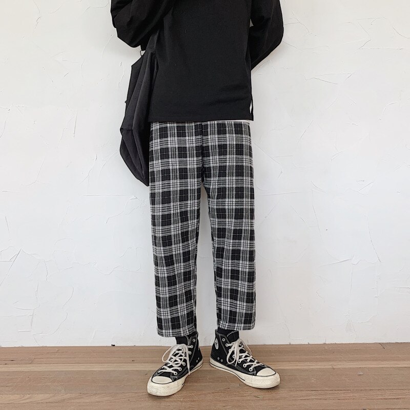 Våren bomull rutiga byxor herr retro casual raka byxor herr streetwear vilda lösa hiphop byxor herr -2xl