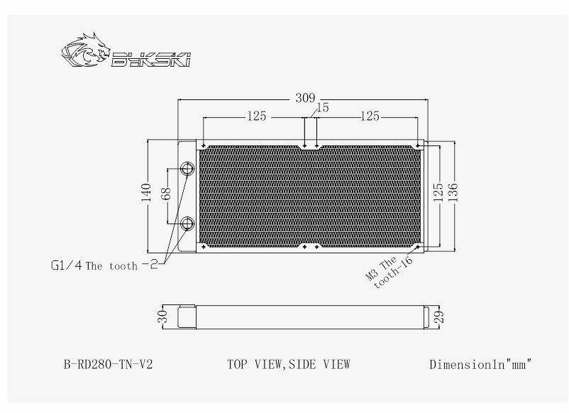 Bykski 28mm tyk kobber + messing 280mm computer vandudledning væske varmeveksler metal radiator til 140mm blæsere  g1/4 ''