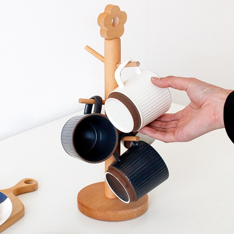 Portavasos de madera en forma de árbol con 3 ganchos, decoración de flores, soporte de exhibición, estante de almacenamiento de vidrio para té