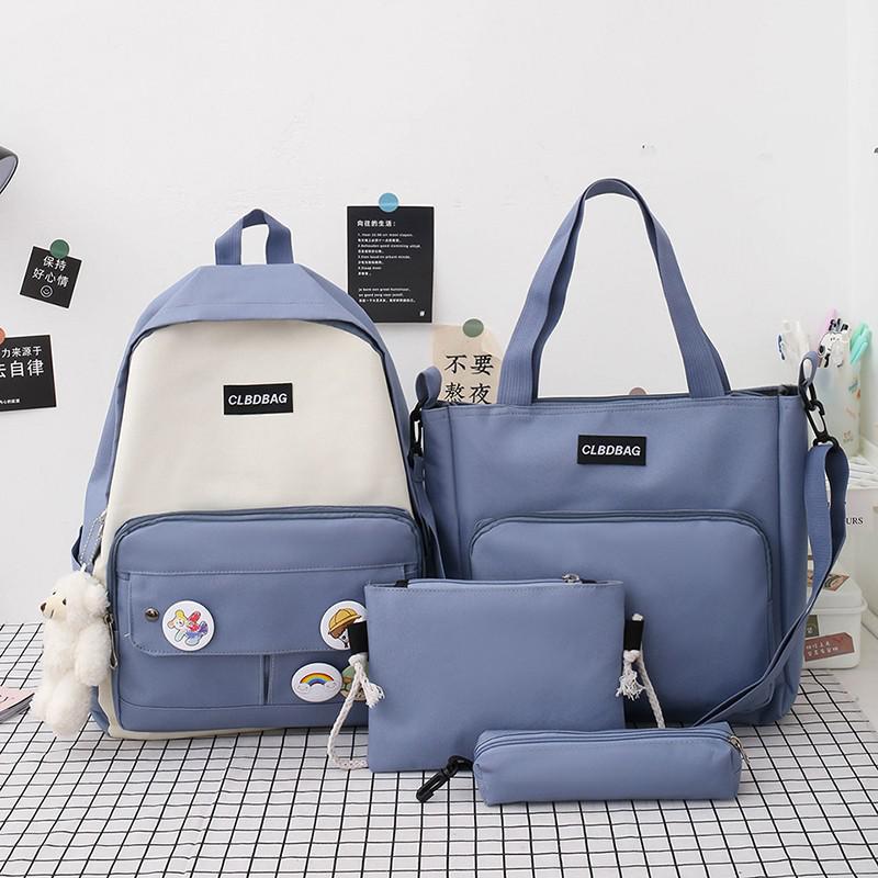 Kawaii 4 delar set skolväskor för tonårsflickor canvas resväska kvinnor bokväskor student skolväska ryggsäck mochila: Blå