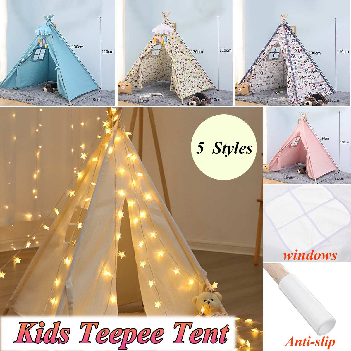 1.35m Tende per la Spiaggia per I Bambini di Tela di Grandi Dimensioni Tenda Teepee Tipi con Grigio Poms Indiano Tenda del Gioco Casa Dei Bambini tepee Tee Pee Tenda