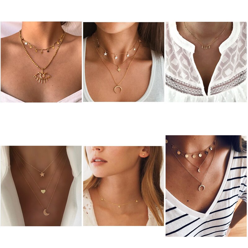 Neue Bohemien Multi geschichtet Halskette für Frauen Sterne mond Jahrgang herz Charme Halsband Partei Anhänger Halskette Geometrische Schmuck