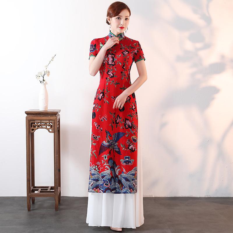 Senhora vintage impressão floral longo cheongsam tamanho grande 5xl cetim elegante ajuste e alargamento qipao vermelho vestido de noiva chinesa: XL