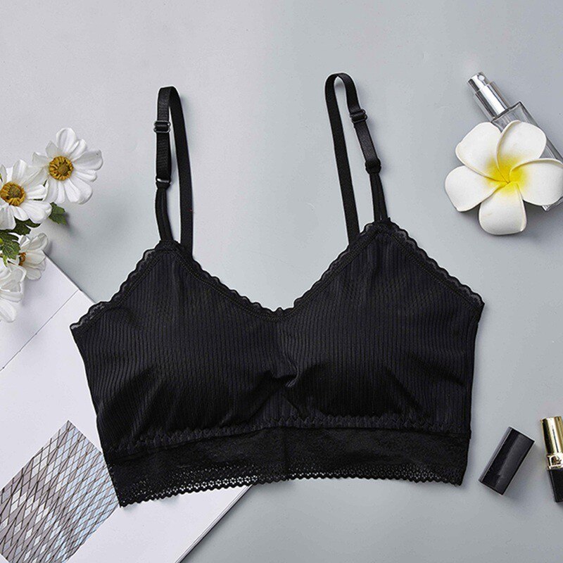 Dames crop top met voorgevormde bh-bandjes, tube tops, mooie rug, kanten bloemen, voorgevormde bh's: Zwart