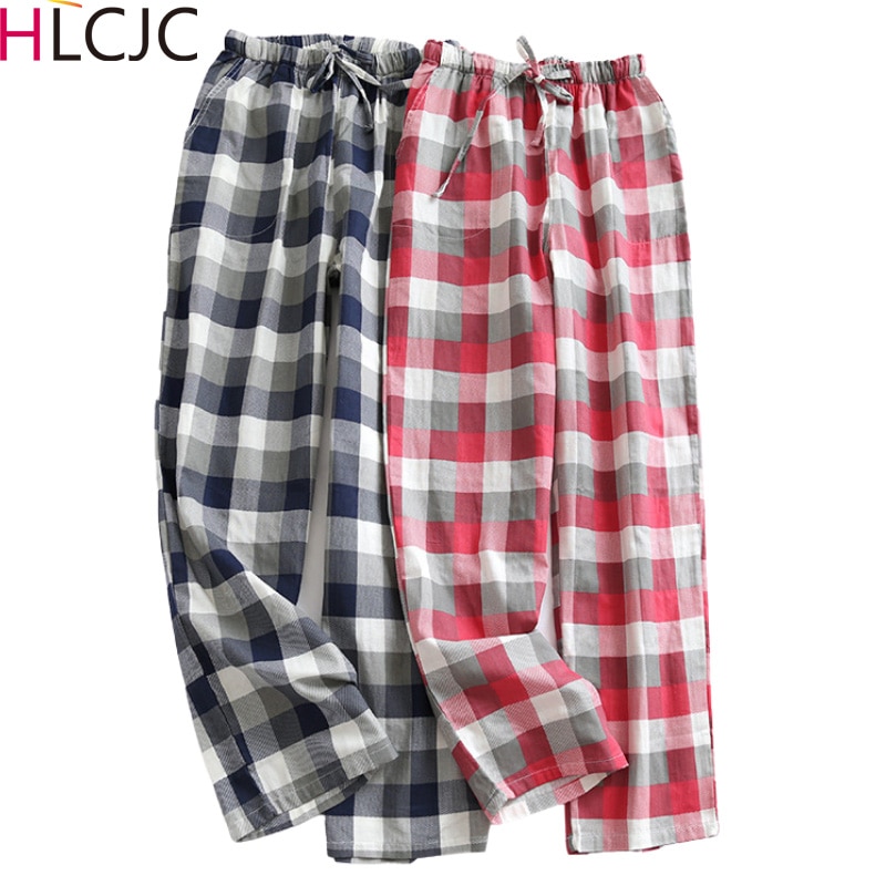 Pantalones de dormir a cuadros de gasa de algodón para hombre y mujer, Pantalón de pijama con lazo en el hogar, parte inferior, Primavera