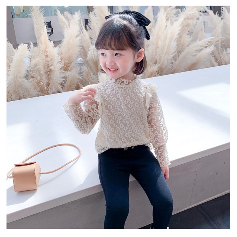 2022 Spring New Korean Girls Cute Slim Lace T-shirt Tops White Children&#39;s Long-sleeved Princess Blouse for Girls Kids Clothes